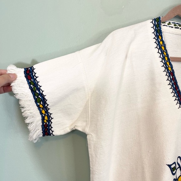 White Tunic Black Hand Embroidered V Neck Top w Fringes One Size - Picture 6 of 7